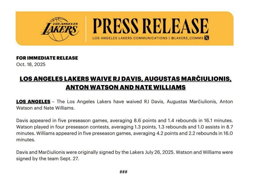 官方：湖人裁掉RJ-戴维斯、安东-沃特森等4人